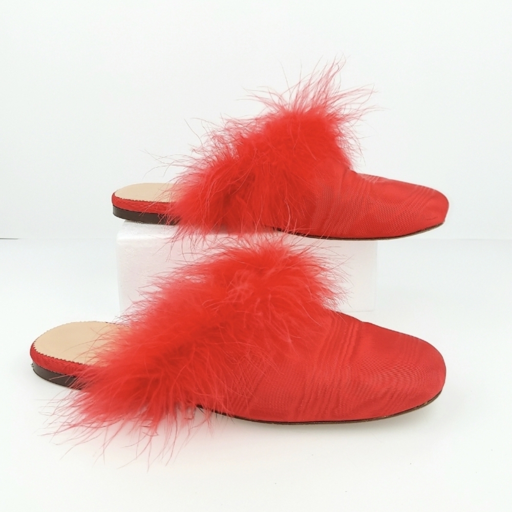 J. Crew Red Silk Feather Trimmed Slipper Slides 8.5